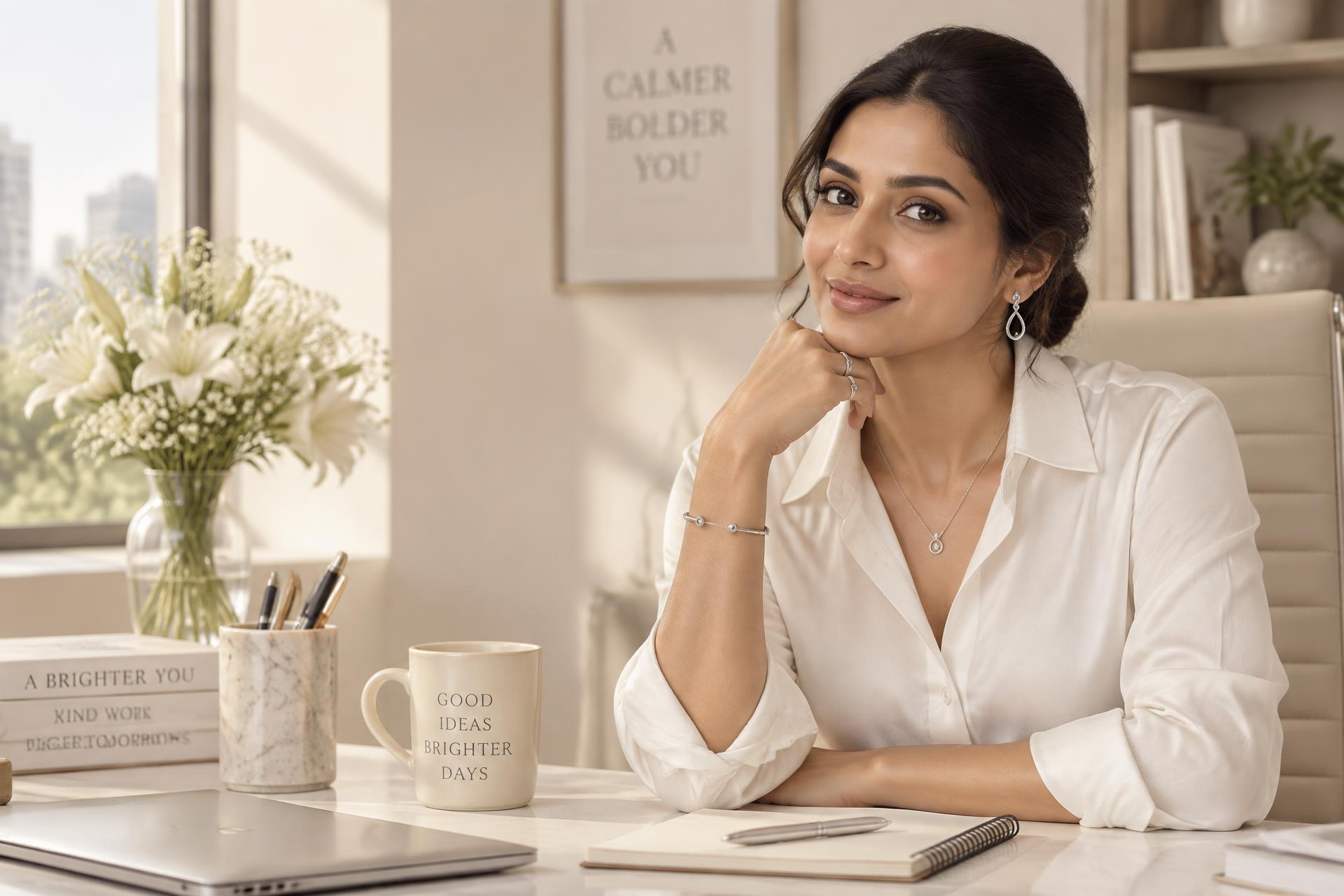 Indian professional seated at her desk wearing silver drop earrings, a slim cuff bracelet and delicate rings